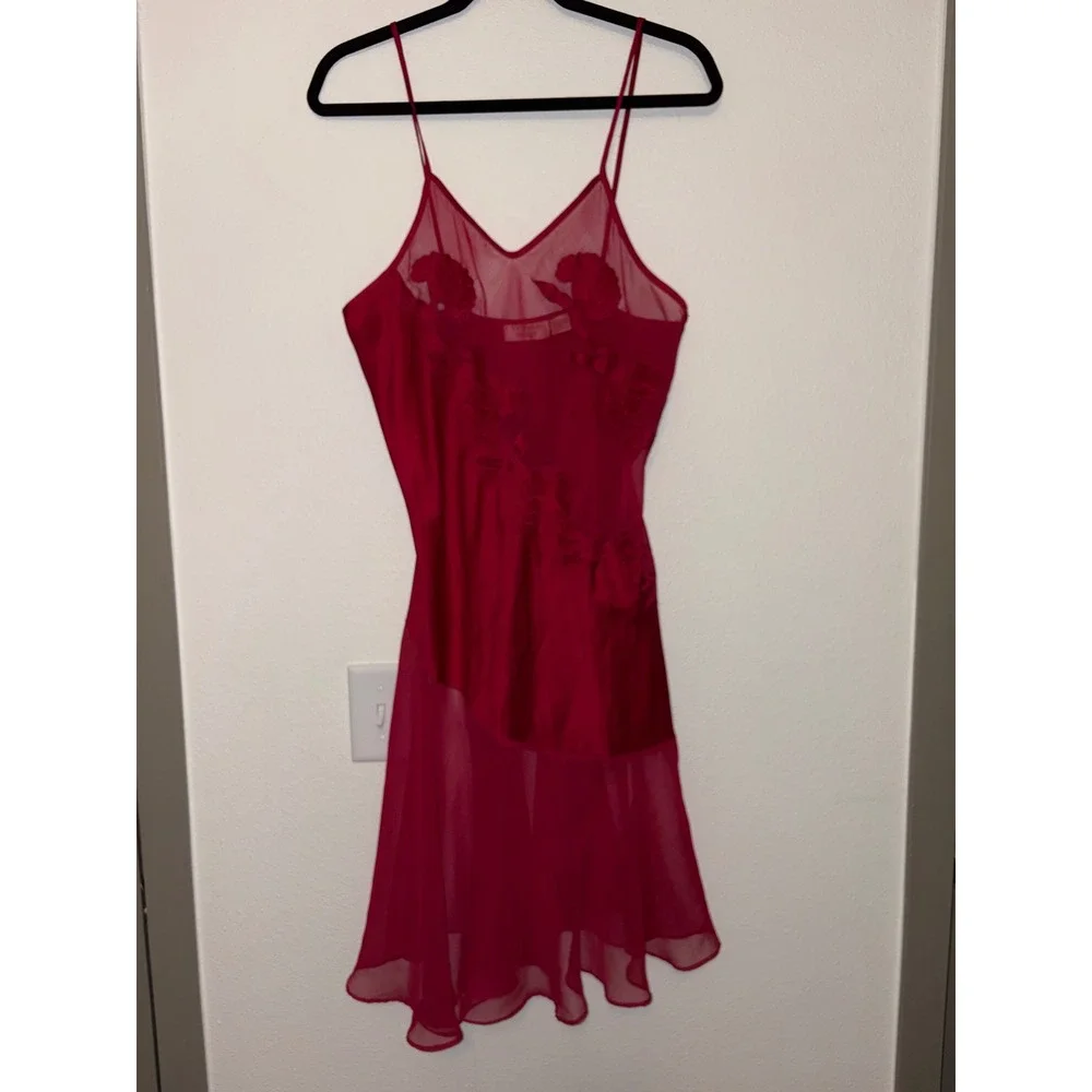VTG Victoria's Secret Red Satin Mesh Floral Slip Dress Romantic Lace ethereal a5